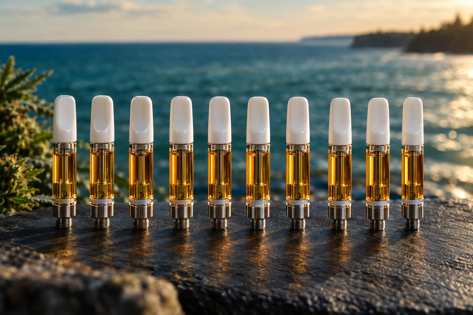 Row of glass vape cartridges filled with amber cannabis oil