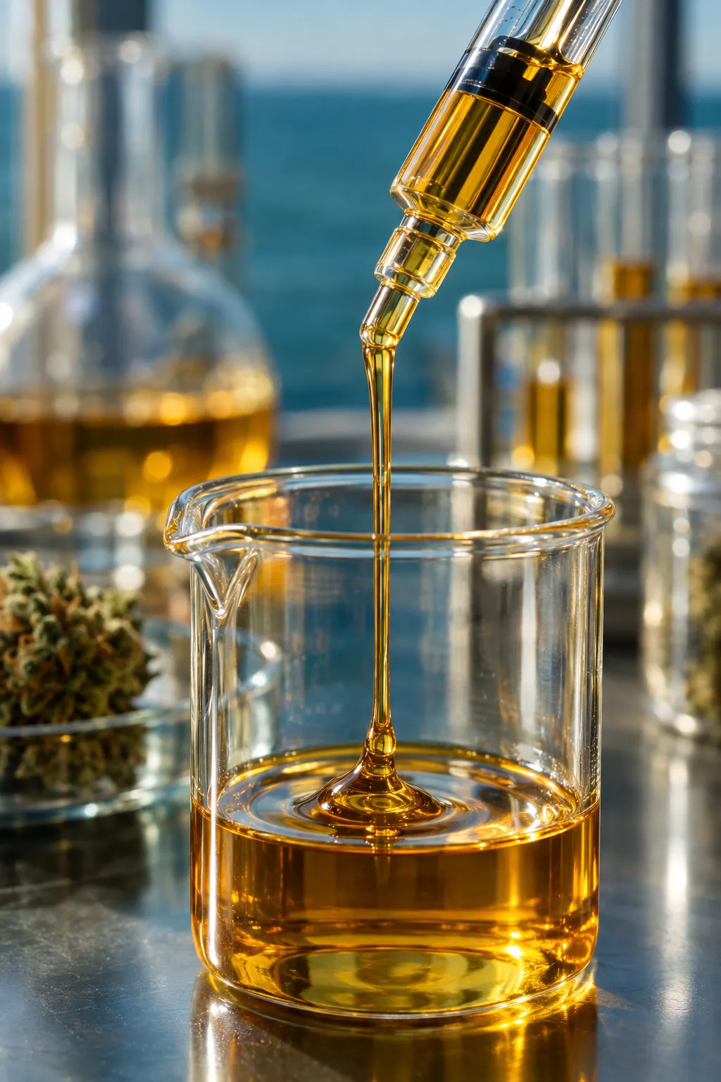Clear golden distillate dripping from a syringe into a glass beaker