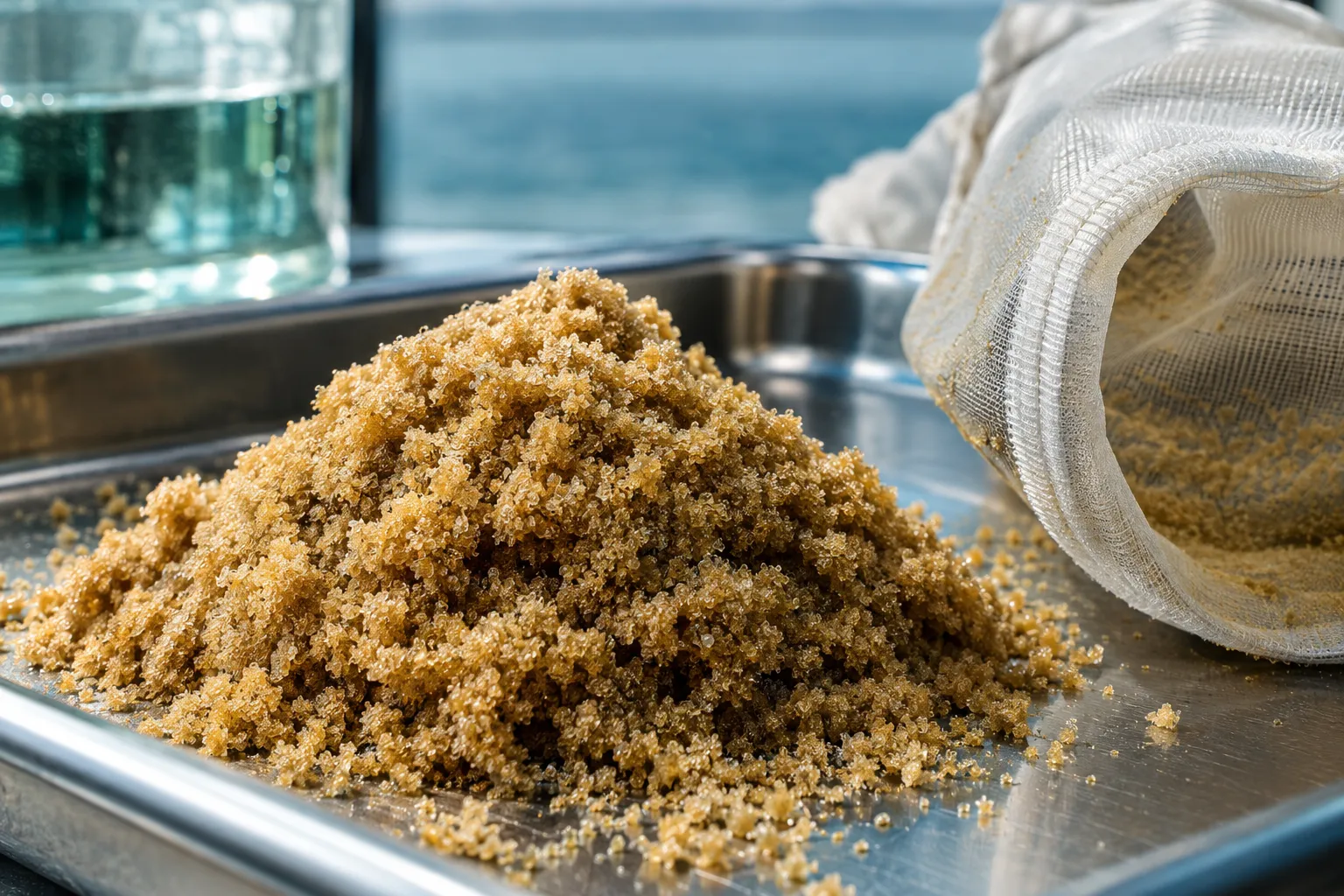 Blonde ice water bubble hash on a stainless tray beside a micron filter bag