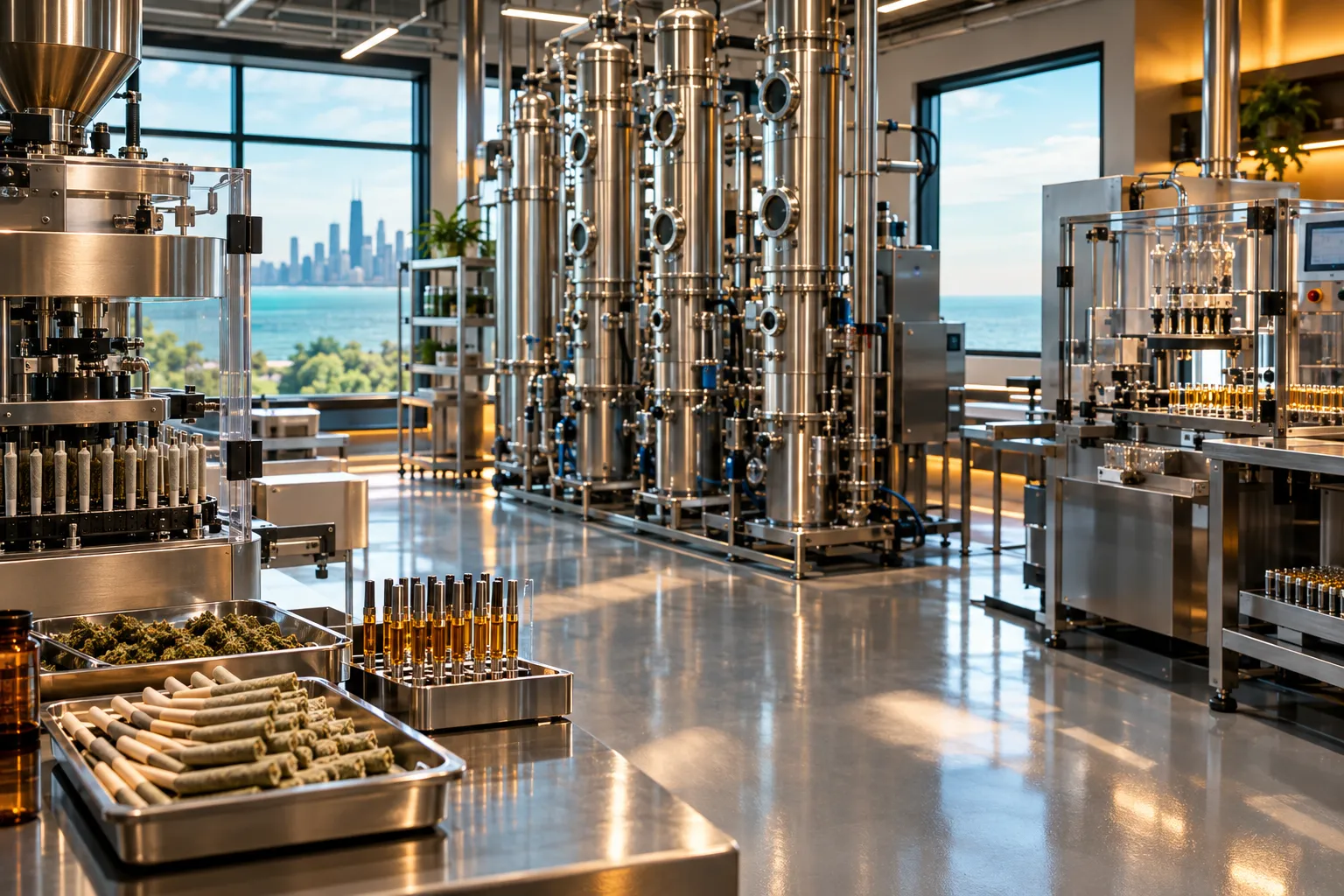 Stainless steel extraction columns and automated filling equipment inside a clean processing lab