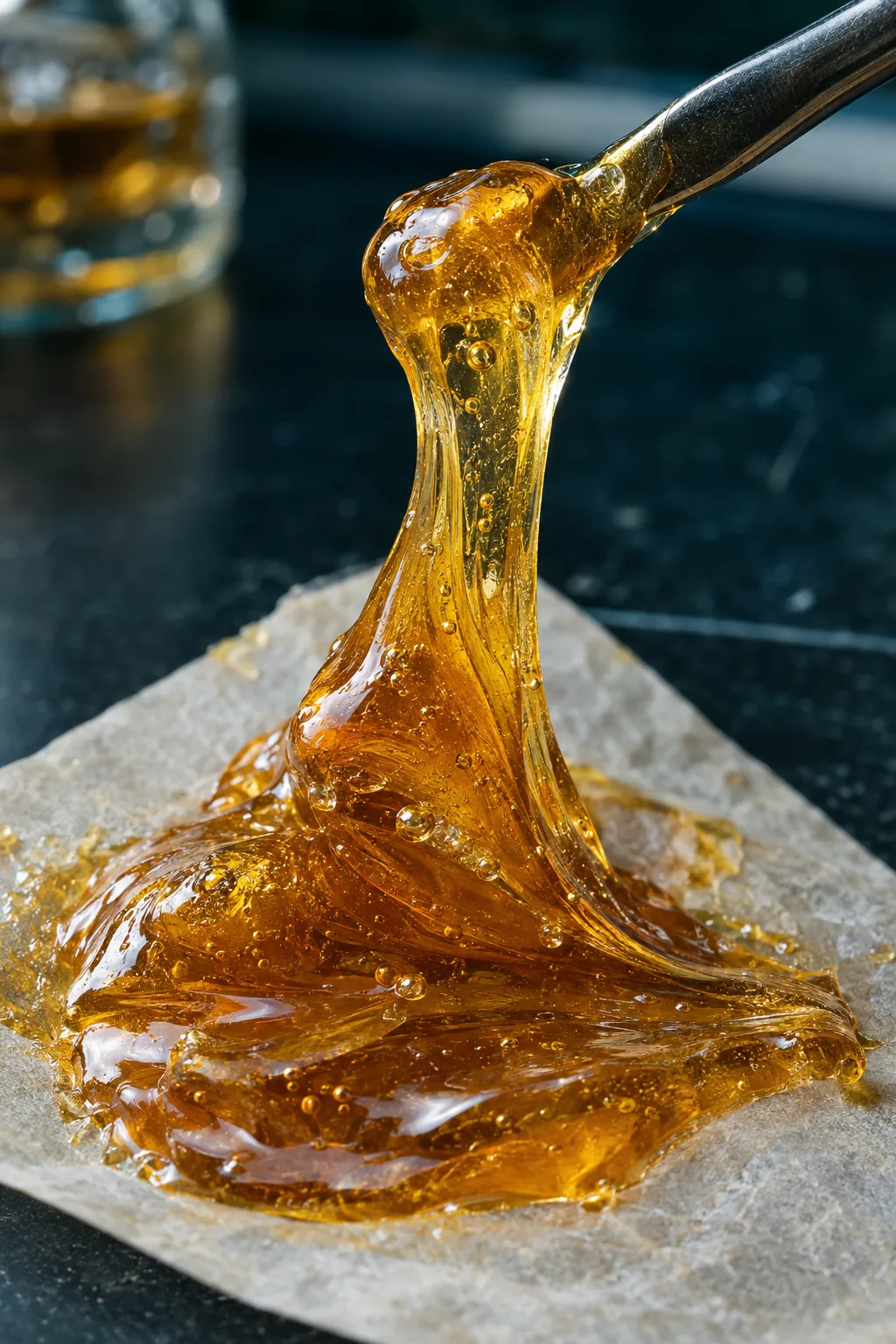 Glossy golden live rosin being pulled on a steel tool